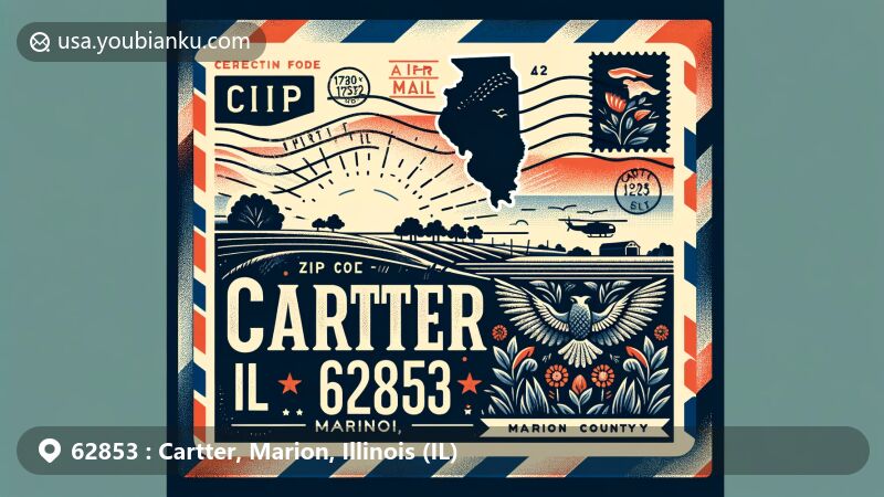Modern illustration of Cartter, Marion County, Illinois, depicting ZIP code 62853 with Illinois state flag, Marion County silhouette, and rural charm, including local flora or countryside landscape elements, presented as a wide-format postcard or air mail envelope design.