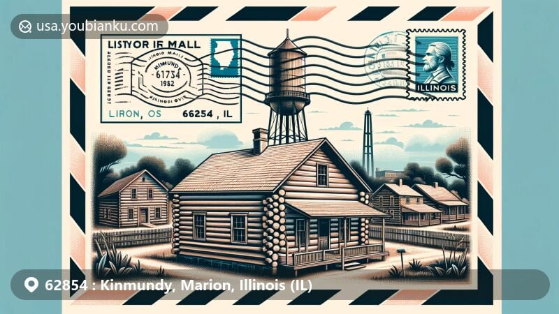 Modern illustration of Kinmundy, Marion, Illinois, showcasing postal theme with ZIP code 62854, featuring Kinmundy Log Cabin Village, Illinois Central Railroad water tower, and Kinmundy Lake.