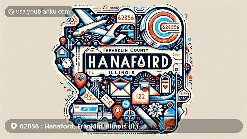 Modern illustration of Hanaford, Franklin County, Illinois, showcasing postal theme with ZIP code 62856, featuring Franklin County outline and Illinois symbols.