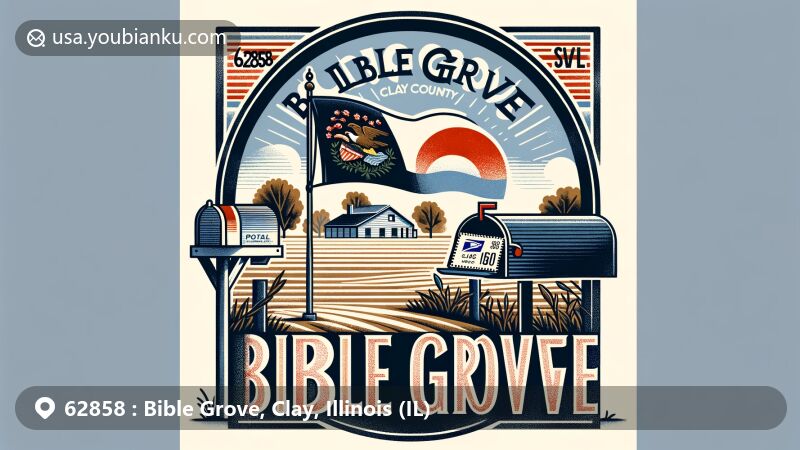 Artistic illustration of Bible Grove, Clay County, Illinois, highlighting ZIP code 62858 with a blend of rural charm and iconic postal symbols, featuring Illinois state flag and vintage air mail theme.