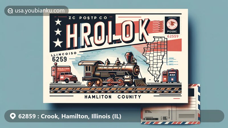 Modern illustrative design of Crook, Hamilton County, Illinois, featuring ZIP code 62859, showcasing regional characteristics and postal theme with Illinois state flag and postal elements.