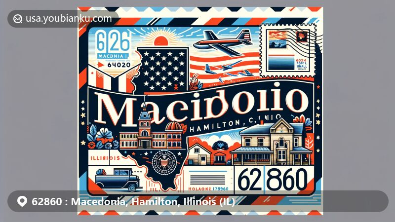 Modern illustration of Macedonia, Hamilton County, Illinois, inspired by air mail envelope with emphasis on ZIP code 62860, featuring American flag and postal elements.