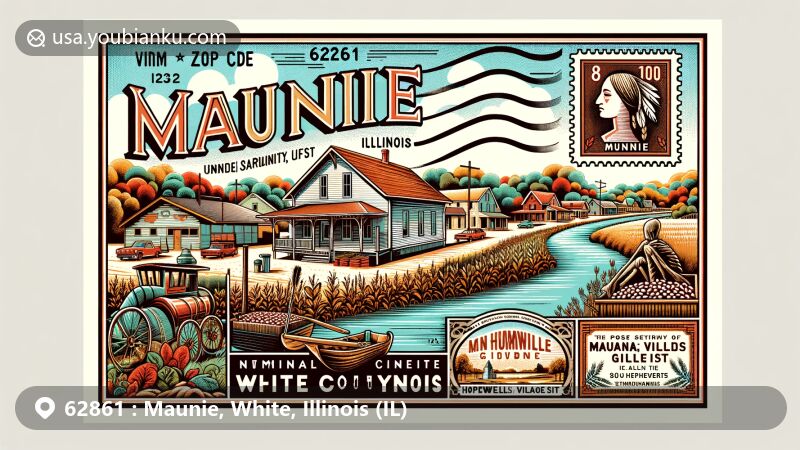 Modern illustration of Maunie, White County, Illinois, highlighting ZIP code 62861 and the village's scenic location along the Wabash River, featuring agricultural heritage, Bean Supper event, Maunie Railroad Depot, Hubele Mounds, and Village Site.