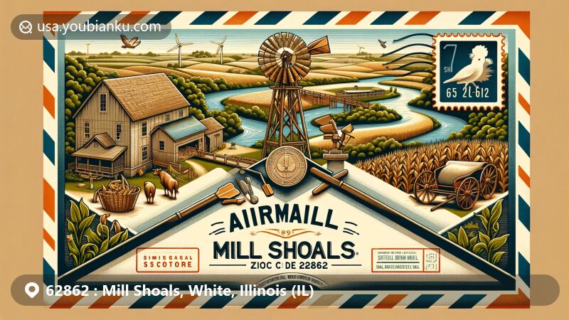 Modern illustration of Mill Shoals, Illinois, postal theme with ZIP code 62862, featuring local agriculture like cornfields, soybean plants, windmill, livestock, and expansive farmland landscape.