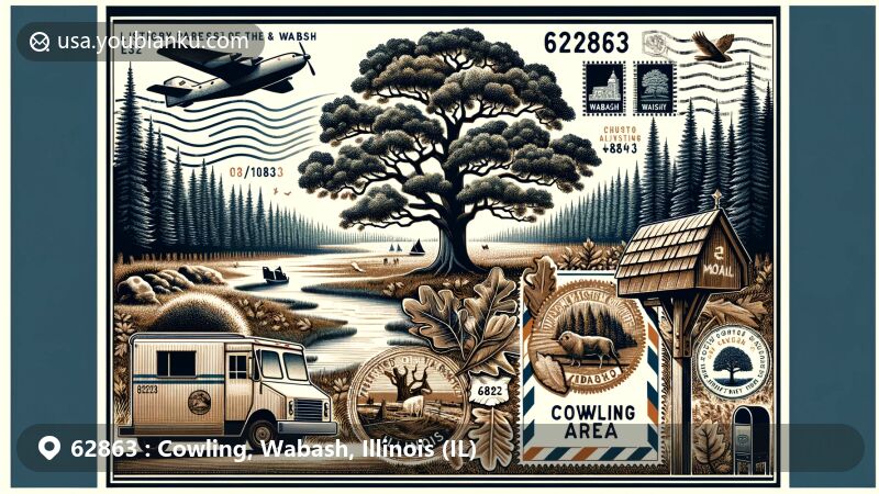 Modern illustration of Cowling, Wabash County, Illinois, featuring Forest of the Wabash backdrop, Mount Carmel silhouette, vintage airmail envelope with ZIP code 62863 and custom stamp, old-fashioned mail truck, and American mailbox.