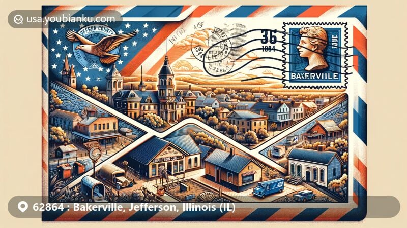 Modern illustration of Jefferson County Historical Village in Mount Vernon, Illinois, showcasing airmail envelope with '62864' ZIP Code, stamps, postmarks, and postal theme.