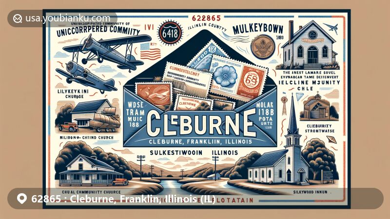 Modern illustration of Cleburne, Franklin County, Illinois, highlighting postal theme with ZIP code 62865, featuring Illinois Route 148, Mulkeytown Christian Church, Silkwood Inn Museum, vintage air mail elements, and Illinois state flag stamp.