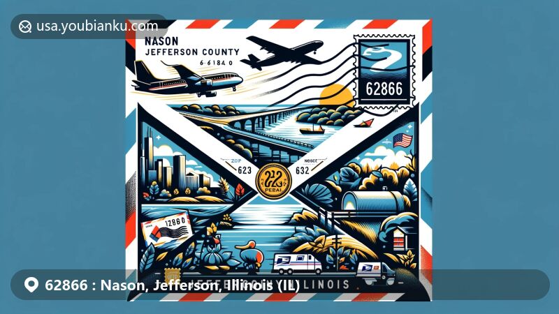Modern illustration of Nason, Jefferson County, Illinois, depicting airmail envelope design showcasing ZIP code 62866, Rend Lake, and Illinois & Jefferson County symbols.