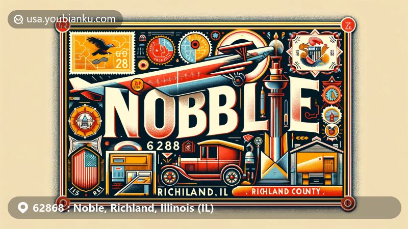 Modern illustration of Noble, Richland, Illinois, showcasing postal theme with ZIP code 62868, featuring Illinois state flag, Richland County map, and Noble area landmark.