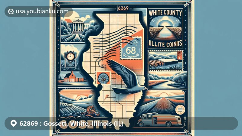 Modern illustration of Gossett, White County, Illinois, highlighting postal theme with ZIP code 62869, featuring vintage envelope, postal stamp, postmark, postal truck, and classic mailbox against stylized map backdrop.