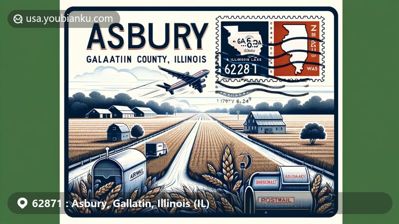 Modern illustration of Asbury, Gallatin County, Illinois, showcasing airmail envelope with ZIP code 62871, highlighting agricultural essence with farmlands and wheat harvesting scene.