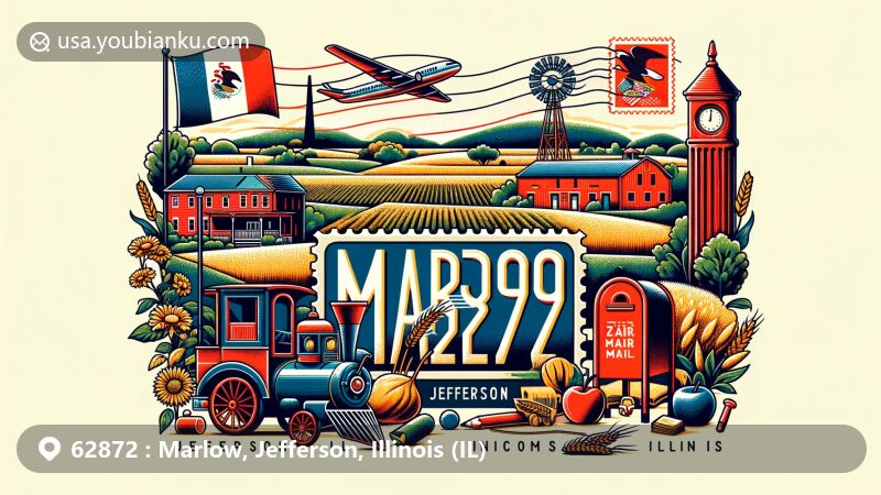 Modern illustration showcasing Marlow, Jefferson, Illinois, with ZIP code 62872, combining local features and postal themes in wide-format web design.