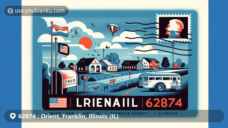 Modern illustration of Orient, Franklin County, Illinois, featuring ZIP code 62874 with nods to state and county symbols, American postal heritage, and a close-knit community vibe.