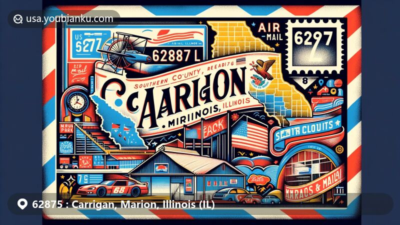 Modern illustration of Carrigan, Marion County, Illinois, featuring a creatively designed airmail envelope showcasing local landmarks like Rent One Park and Southern Illinois Raceway.