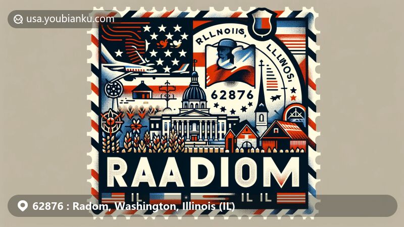 Modern illustration of Radom, Illinois, highlighting ZIP code 62876, featuring US and Illinois flags, Polish cultural symbols, rural elements, and a postal theme with a fictional stamp and postmark effect.