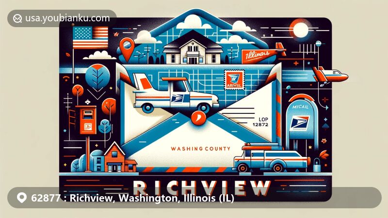 Creative illustration of Richview, Washington County, Illinois, featuring a postal theme with airmail envelope design, village's geographical location on state map, vintage stamp with ZIP Code 62877, postal truck, and rural mailbox.