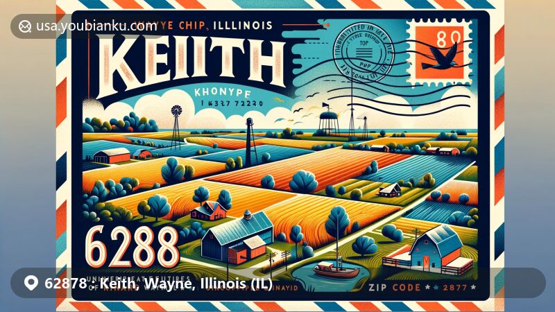 Modern illustration of Rinard, an unincorporated area in Keith Township, Wayne County, Illinois, representing local charm, agricultural landscapes, and natural beauty, featuring a stylized airmail envelope with a stamp, postmark, and prominent 'ZIP Code 62878'.
