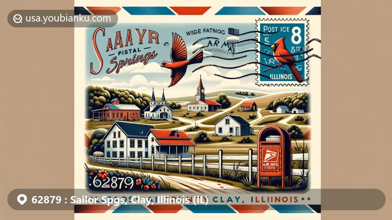 Modern illustration of Sailor Springs, Clay County, Illinois, featuring vintage air mail envelope with Illinois state symbols and ZIP code 62879, showcasing rural landscape and postal theme.