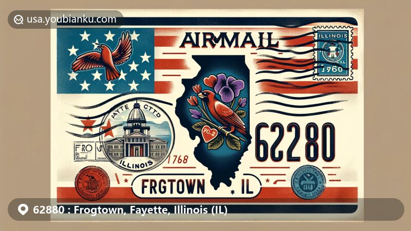 Creative illustration of Frogtown, Fayette County, Illinois, incorporating postal theme with ZIP code 62880, showcasing state flag and key symbols like cardinal and purple violet.