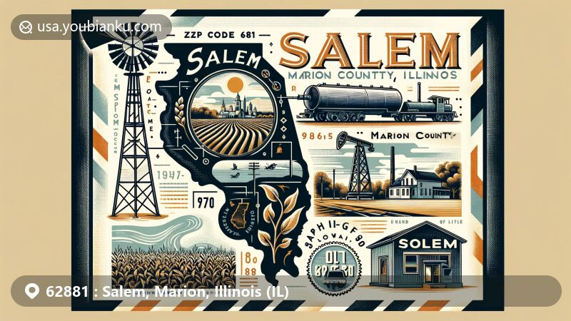 Modern illustration of Salem, Marion County, Illinois, featuring creative postal design with ZIP code 62881, showcasing Town Creek, agricultural elements, oil derrick, historic landmarks, and vintage postal theme.
