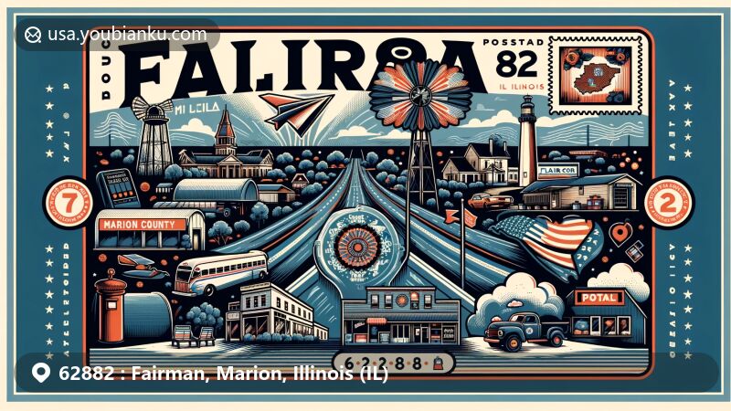 Modern illustration of Fairman area in Marion County, Illinois, highlighting postal theme with ZIP code 62882, featuring local landmarks and cultural motifs in a wide-format design.
