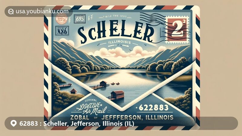 Modern illustration of Scheller, Illinois, featuring Scheller Lakes within a stylized airmail envelope, showcasing ZIP code 62883 and vintage-style edges, with stamps representing Jefferson County and Illinois state symbols.
