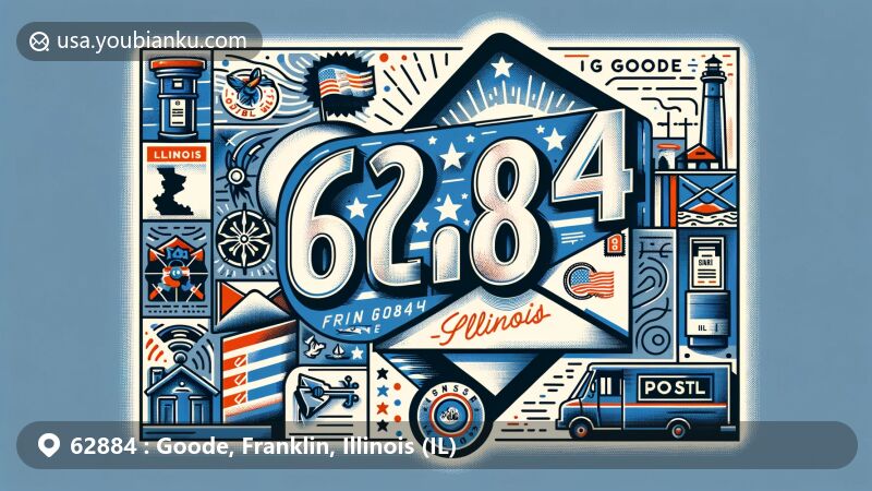 Modern illustration of Goode, Franklin County, Illinois, showcasing postal theme with ZIP code 62884, featuring Illinois state outline and flag, symbol of Sesser, and postal elements.