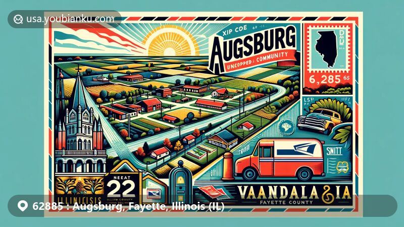 Modern illustration of Augsburg and Vandalia, Fayette County, Illinois, featuring vintage postcard design with American postal symbols, showcasing rural landscape and key landmarks like Vandalia Correctional Center and Kelley Park.