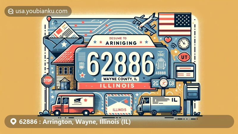 Modern illustration of Arrington, Wayne County, Illinois, featuring vintage airmail theme with ZIP code 62886, showcasing Wayne County outline, Illinois symbols, cute mailbox, and postal van.