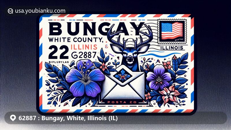 Modern illustration of Bungay, White County, Illinois, highlighting postal theme with ZIP code 62887, featuring Illinois state symbols like violet flowers and a white-tailed deer.
