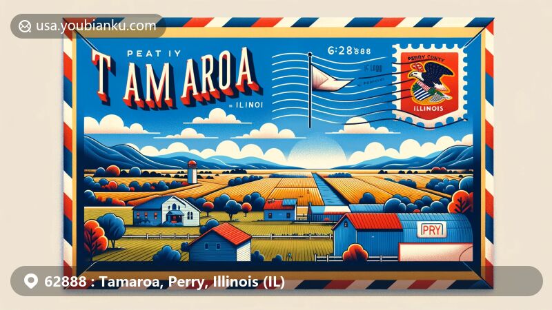 Modern illustration of Tamaroa, Perry County, Illinois, inspired by air mail envelope theme with ZIP code 62888. Features rural charm, Illinois state flag, and natural landscapes, capturing essence of Tamaroa. Bright and whimsical design, celebrating small-town and Illinois pride.