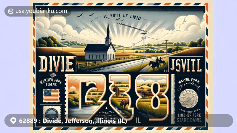 Modern illustration of Divide, Jefferson County, Illinois, showcasing postal theme with ZIP code 62889, featuring Panther Fork Baptist Church and rural landscape, incorporating local recreational activities and iconic symbols.