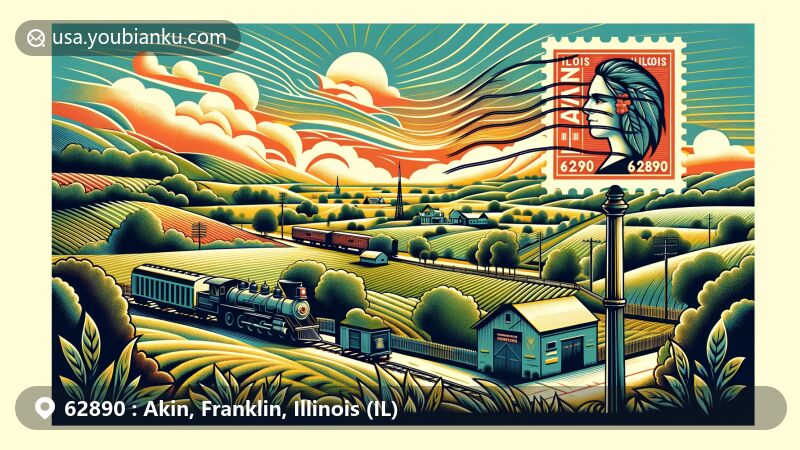 Modern illustration of Akin, Franklin County, Illinois, highlighting the verdant landscape and agricultural richness, with iconic rail transportation elements and postal theme.