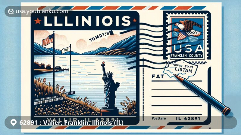 Creative postcard design for Valier, Franklin County, Illinois, highlighting scenic beauty of Rend Lake with Illinois state flag and Franklin County map, showcasing 'Valier, IL 62891' with simulated postmark and decorative stamp.