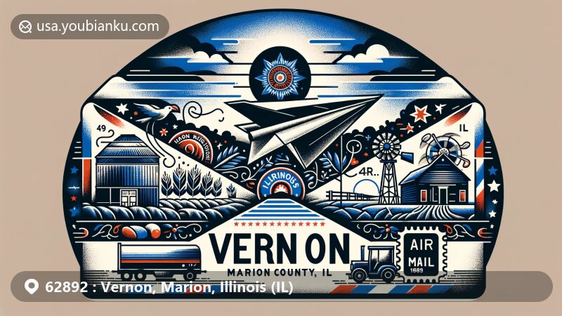 Modern illustration of Vernon, Marion County, Illinois, with ZIP code 62892, featuring creatively designed air mail envelope adorned with Illinois state flag, Marion County outline, and cultural symbols, including decorative stamps and postmark with '62892 Vernon, IL', showcasing postal themes and state elements.