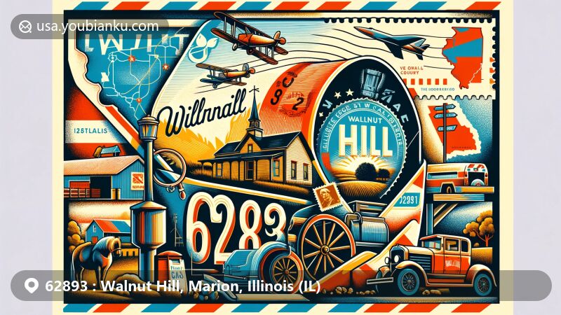 Modern illustration of Walnut Hill, Marion County, Illinois, showcasing postal theme with ZIP code 62893, featuring historic and postal elements like airmail envelope, Illinois state flag, and Goshen Road connection.