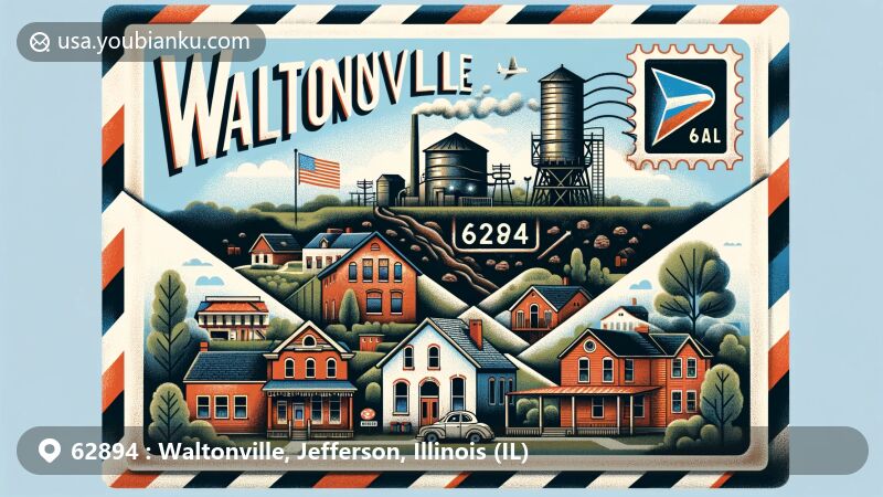 Vintage airmail envelope illustration for Waltonville, Illinois, ZIP code 62894, depicting rural village charm, coal mining history, Polish immigrant influence, and local landmarks.
