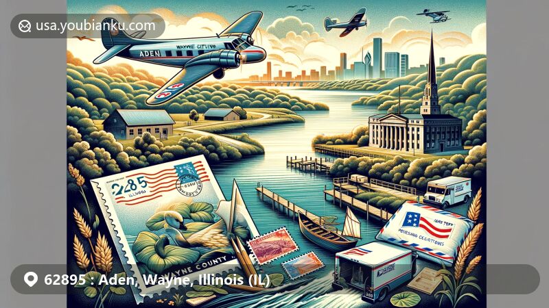 Modern illustration of Aden, Wayne City, Illinois, representing ZIP Code 62895 with natural and cultural elements, including lakes, streams, and educational symbols, emphasizing the area's connection to nature and commitment to education.