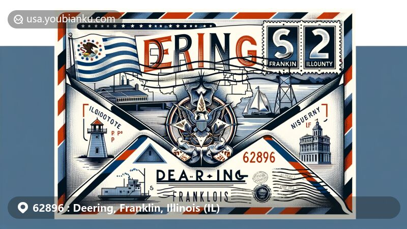 Modern illustration of Deering, Franklin, Illinois, combining Illinois state flag and Franklin County outline on vintage airmail envelope with postage stamps and postal marks featuring ZIP code 62896.