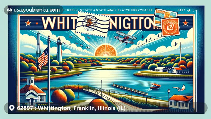 Modern illustration of Whittington, Illinois, showcasing postal theme with ZIP code 62897, featuring Rend Lake and Wayne Fitzgerrell State Recreation Area.