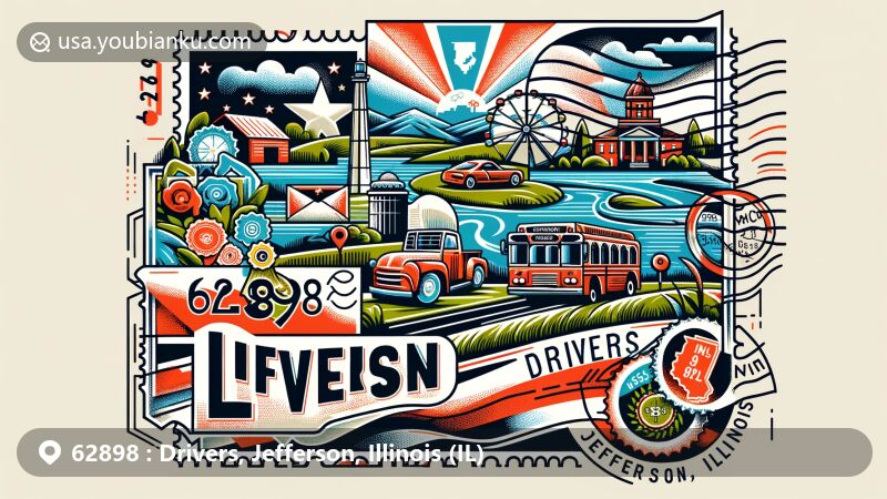 Modern illustration of Drivers, Jefferson, Illinois, highlighting postal theme with ZIP code 62898, featuring landmarks and symbols representing Woodlawn community, including Illinois state flag.
