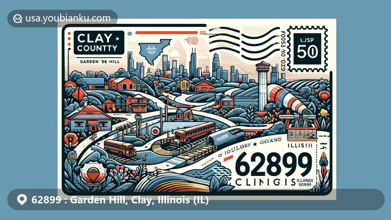 Modern illustration of Garden Hill, Clay County, Illinois, with postal theme showcasing ZIP code 62899, featuring US Route 50 and Charley Brown Park.