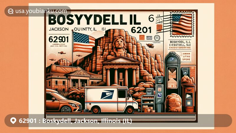 Unique illustration of Boskydell, Jackson, Illinois (IL), representing ZIP code 62901 area with a postcard theme inspired by warm sandstone color, featuring Illinois state symbols and vintage postal elements.