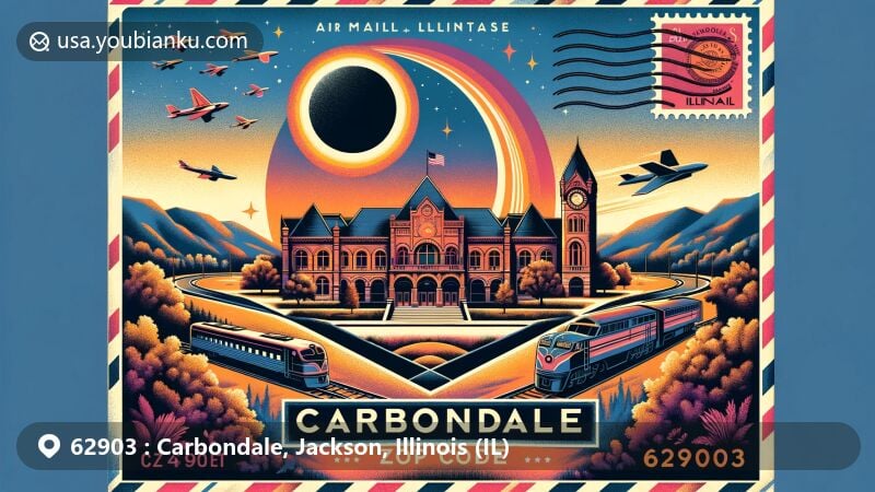 Modern illustration of Carbondale, Illinois, in Jackson County, highlighting ZIP code 62903 with air mail envelope design, featuring Altgeld Hall, Old Railroad Passenger Depot, Shawnee National Forest, Illinois state flag, and Eclipse Crossroads theme.