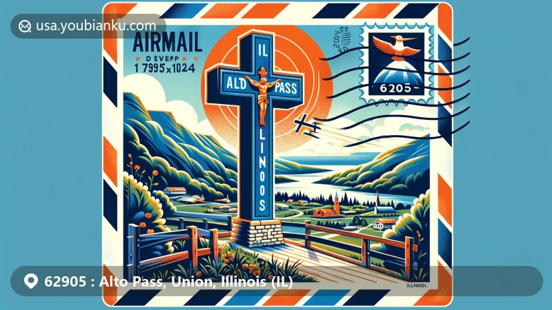 Modern illustration of Alto Pass, Illinois, showcasing airmail envelope design with ZIP code 62905 and IL abbreviation, highlighting Bald Knob Cross of Peace.