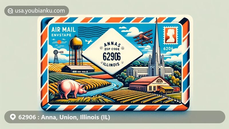 Modern illustration of Anna, Union County, Illinois, featuring air mail envelope with ZIP code 62906, showcasing agricultural landscape, vineyards, ceramic pig from Anna Pottery, Stinson Memorial Library, and Shawnee National Forest.
