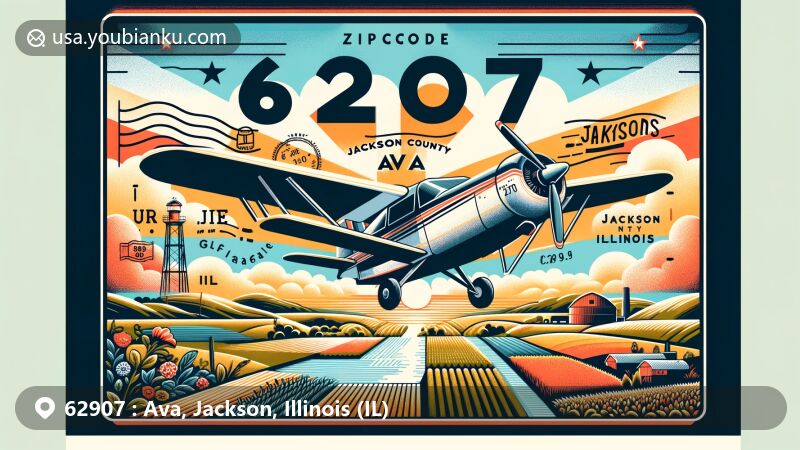 Modern illustration of Ava, Jackson County, Illinois, showcasing postal theme with ZIP code 62907, featuring Illinois state flag, local landmarks, and rural landscape.