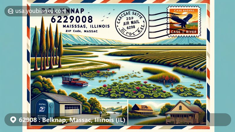 Modern illustration of Belknap area, Massac County, IL, highlighting Cache River State Natural Area with wetlands, bald cypress, and tupelo gum trees, featuring Cache River Basin Vineyard & Winery against rolling hills.