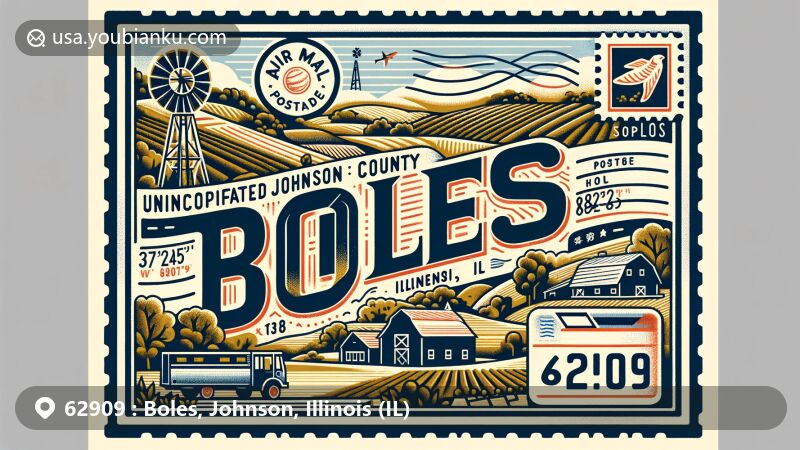 Modern illustration of Boles, Johnson County, Illinois, embodying postal theme with ZIP code 62909, featuring geographic coordinates 37°25′43″N 88°58′10″W and Illinois state flag.