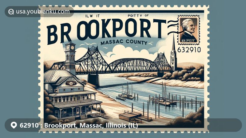 Modern illustration of Brookport, Illinois, emphasizing the scenic Ohio River, including the historic Brookport Bridge, vintage postal elements, and ZIP code 62910, symbolizing the city's connection to Paducah, Kentucky.
